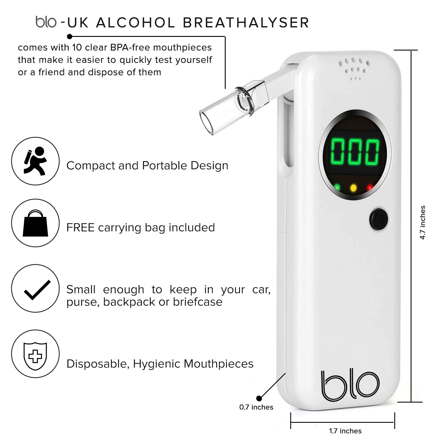 BLO Alcohol Breathalyzer Portable Breath Tester with 10 Mouthpiece