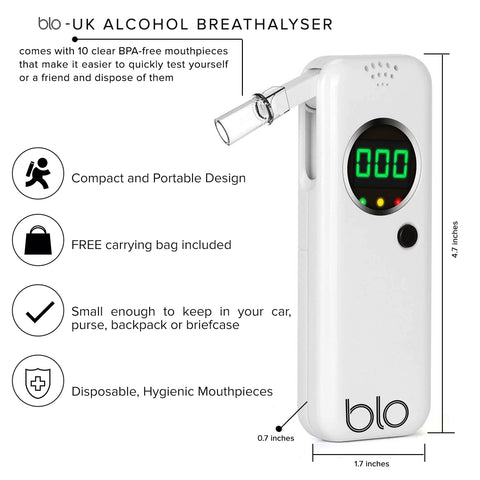 BLO Alcohol Breathalyzer & Mouthpiece | Portable Breath Tester with Digital LCD Screen & Fast, Accurate Blood Alcohol Content Result | 10 Disposable Mouthpieces for Clean BAC Testing | Includes Bag