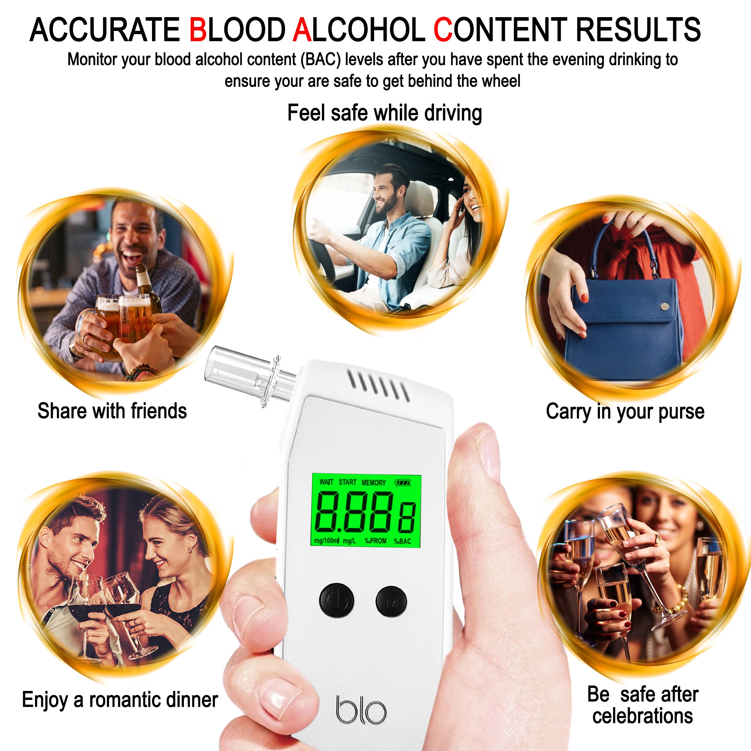 BLO Alcohol Breathalyser & Mouthpiece | Portable Breath Tester with Digital LCD Screen & Fast EXECUTIVE
