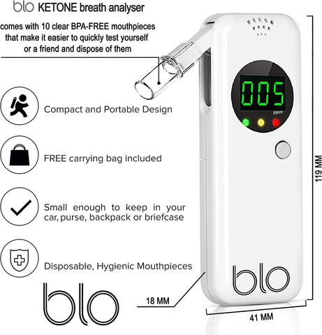 BLO Digital Ketone Breath Meter Analyser for Diet, Weight Loss, and Blood Ketone Management, Accurate Portable Ketogenic Testing with 10 Mouthpieces, Quick Test Status Tracing